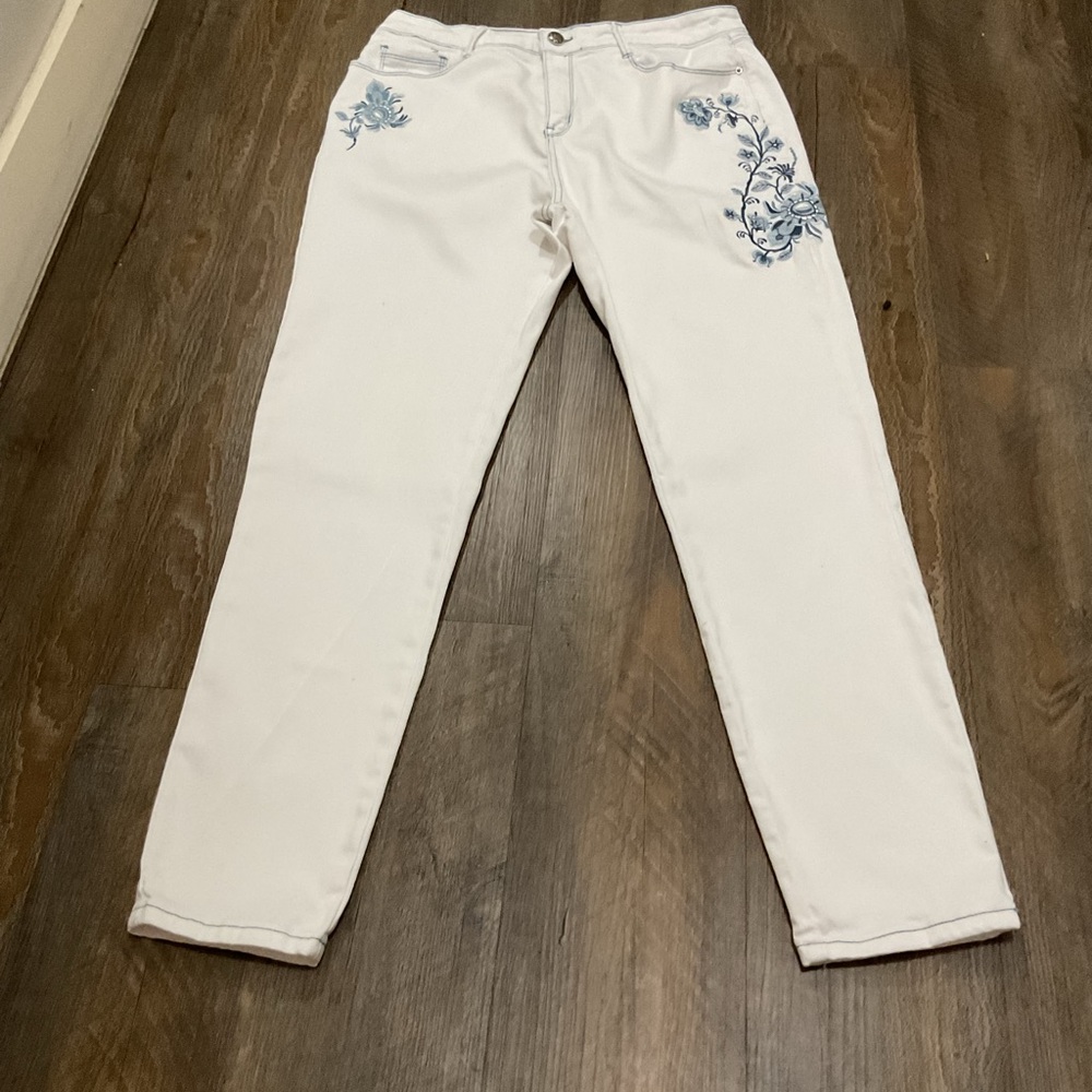 Angel  Fit White Skinny Jeans with Blue Floral Embroidery